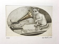 Grafika, Ivan Kováčik, His Master‘s Voice, 10x15 cm, zarámované 20x23 cm, 60 €, na vyžiadanie