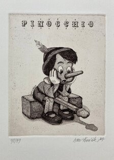 grafikický list, Ivan Kováčik, Pinocchio, 14x10cm, 65 €, na vyžiadanie