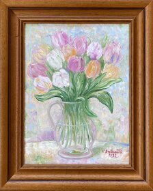 Ľudmila Balková, Kytica tulipánov, olejomaľba 40x30 cm, zarámované 51x41 cm, 210 €