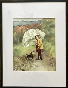 Marcela Bučeková, Dievčatko s dáždnikom, akvarel 25x20 cm, zarámované 41,5x31,5 cm, 140 €